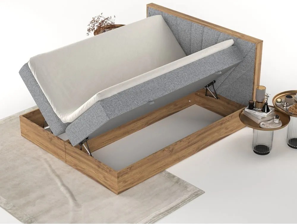 Szürke-natúr színű ágyneműtartós boxspring ágy 200x200 cm Asahi – Maison de Rêve