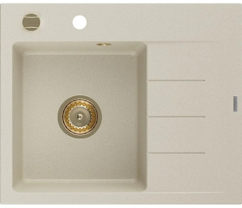 Mexen Ben gránit mosogató 1-medencés csepptálcával, balos 600 x 500 mm, bézs, arany szifon - 6522605000-69-G