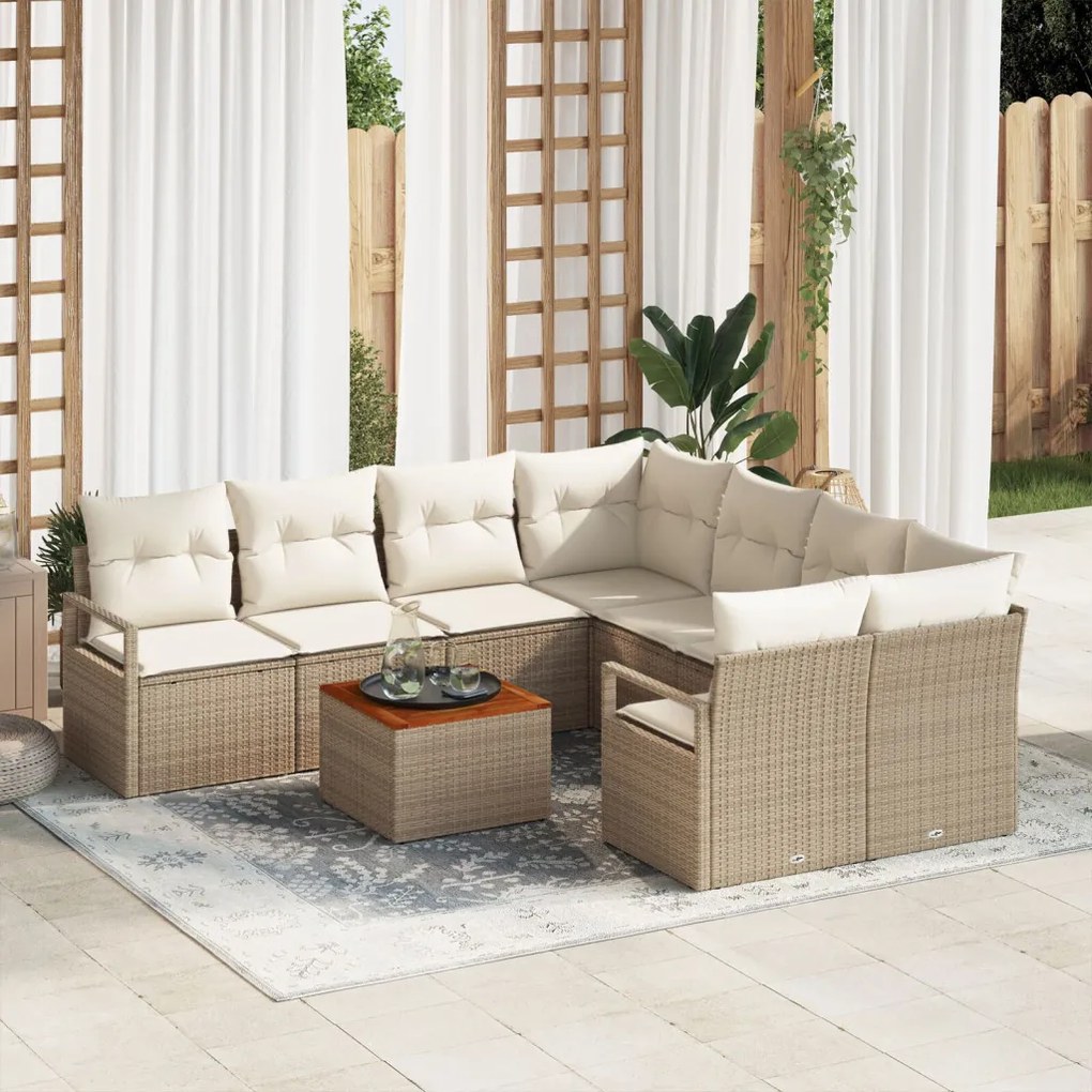 9 Darabos Kert Sofa Szett Párnákkal Bézs Poli Rattan Akác, Kétfős Kert Sofa Párnákkal Bézs Poli Rattan