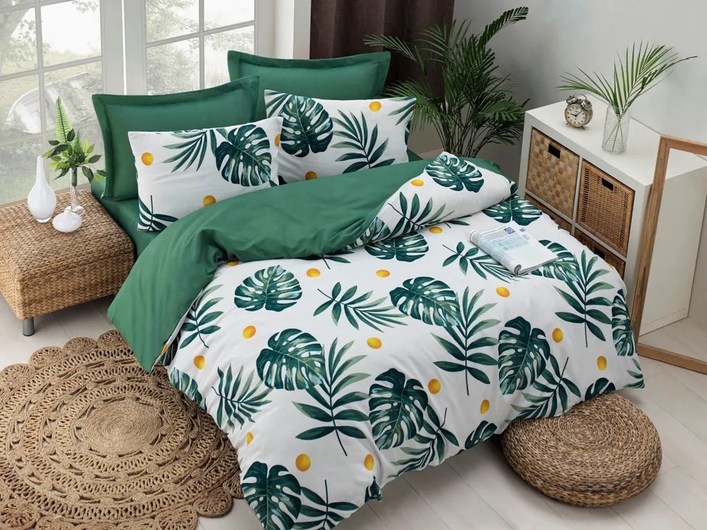 Monstera dupla ágyneműhuzat garnitúra lepedővel, zöld