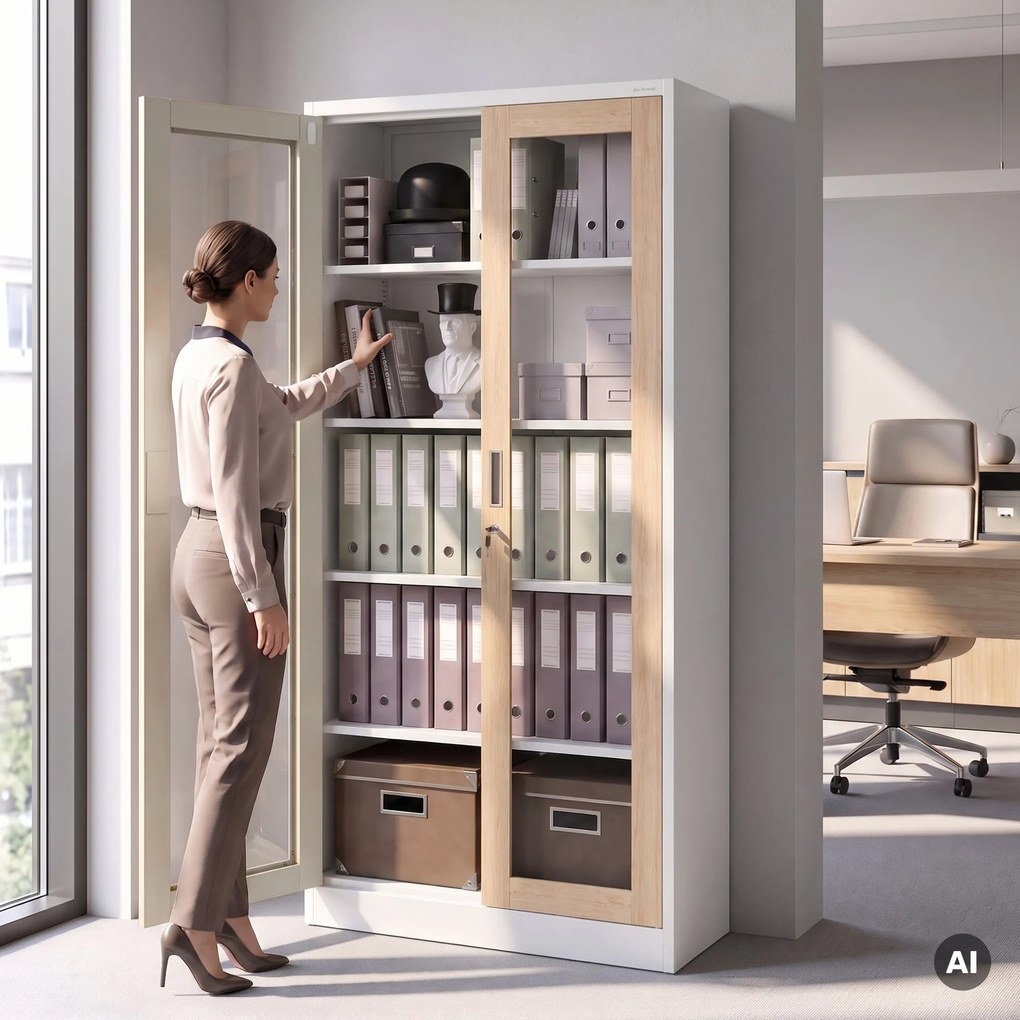 Fém szekrény vitrinnel, fehér, sonoma tölgy, 900x1850x400 mm: AMELIA Eco Design