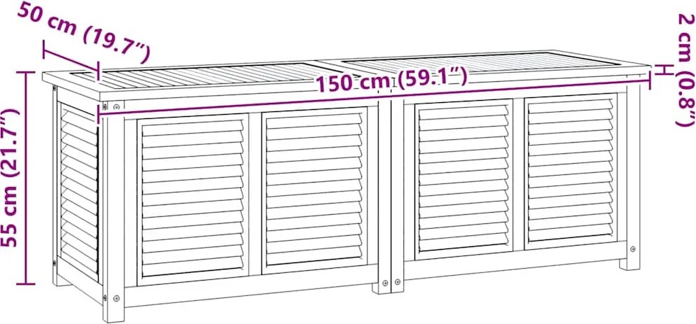 vidaXL tömör tíkfa kerti tárolóláda zsákkal 150 x 50 x 55 cm