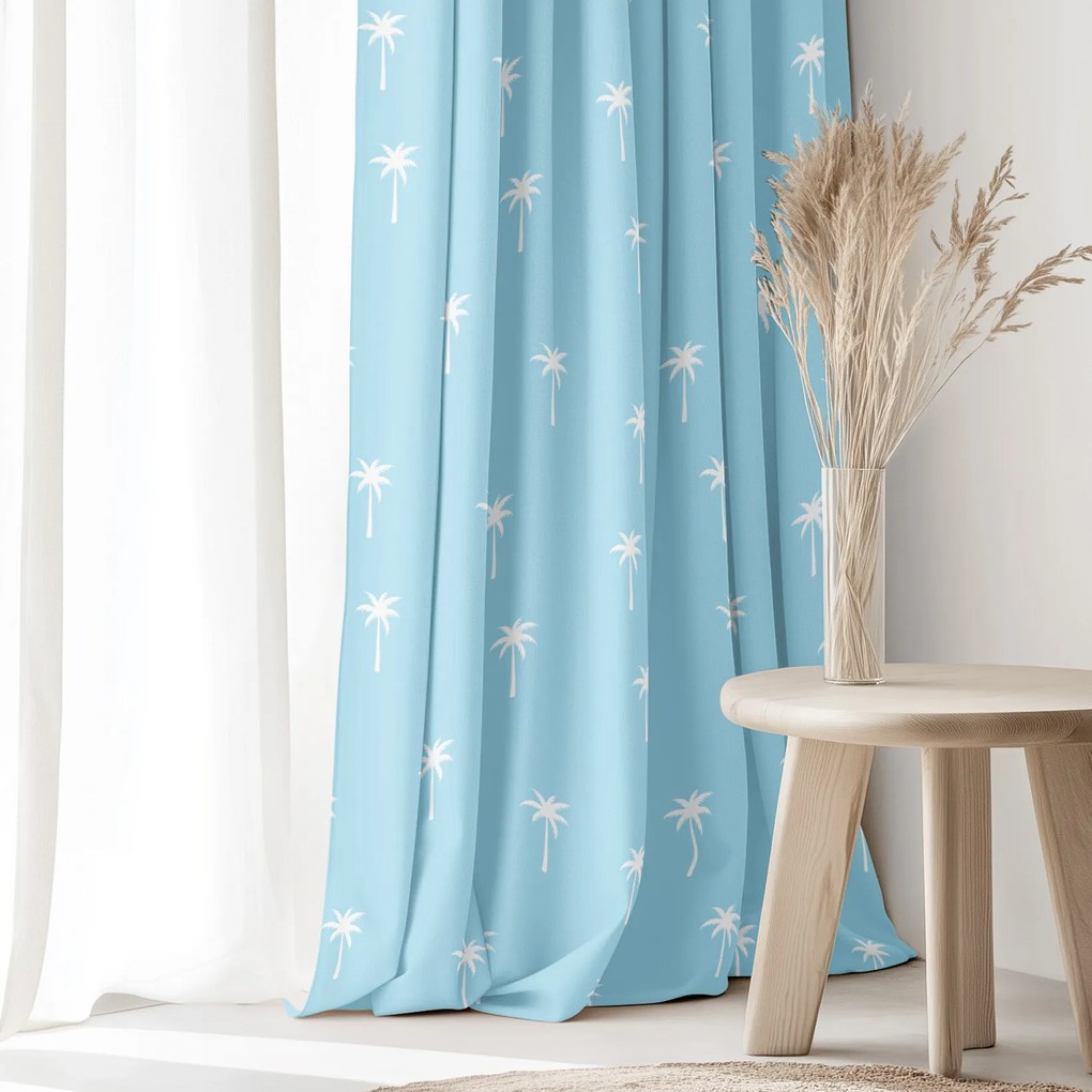 Goldea pamut drapéria - pálmák pasztell kék alapon 280x150 cm