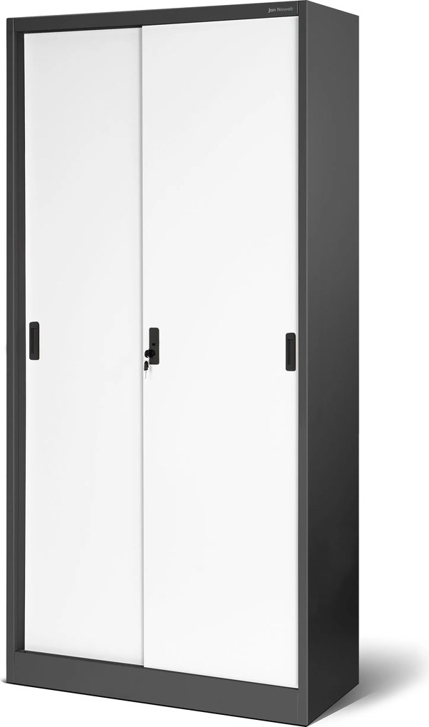 Antracit-fehér, tolóajtós fém irodai szekrény, 900x1850x400 mm: KUBA