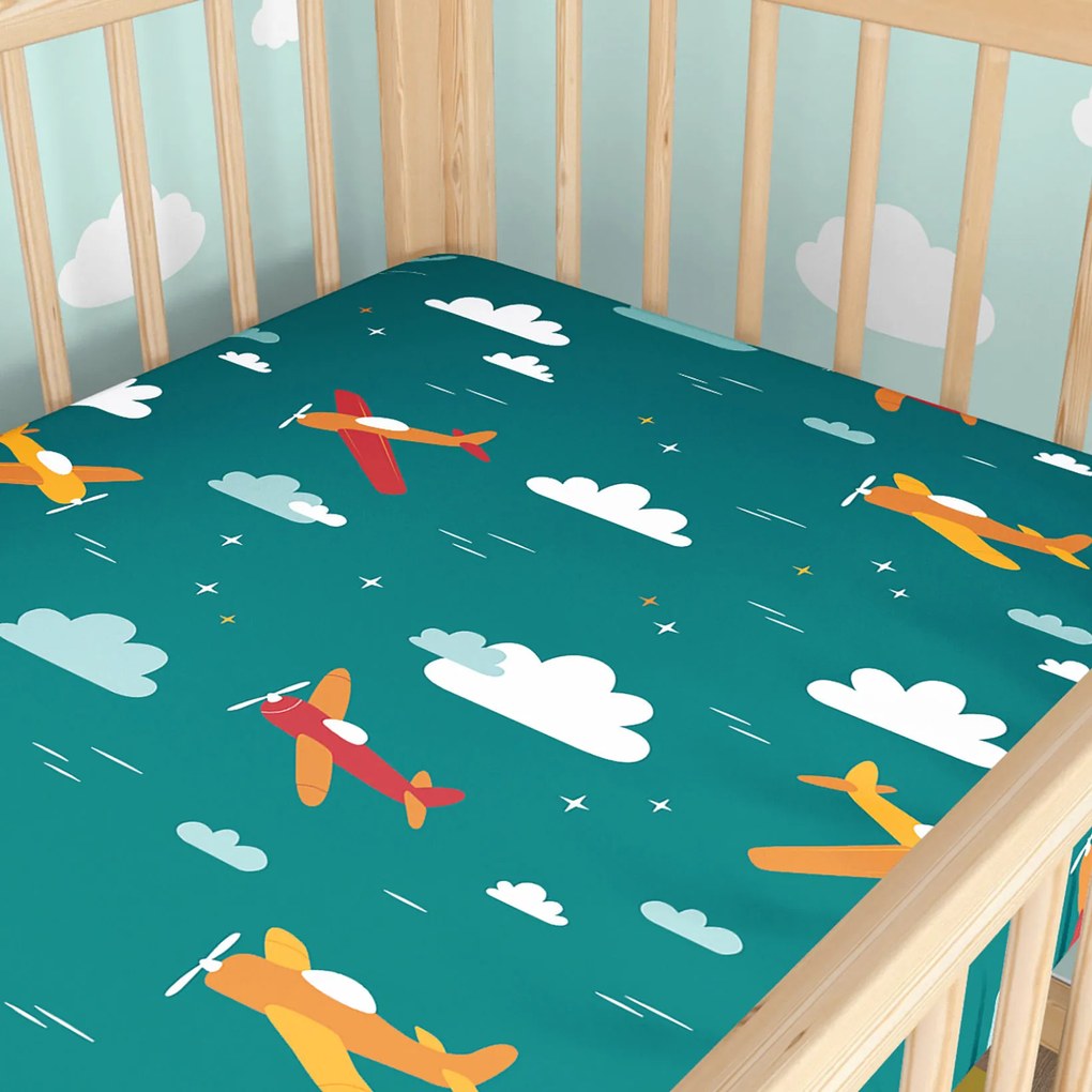 Goldea gyermek gumis pamut lepedő kiságyba - repülős kalandok 60 x 120 cm