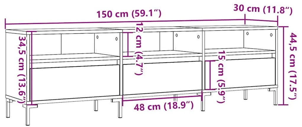 antik fa színű szerelt fa TV-szekrény 150 x 30 x 44,5 cm