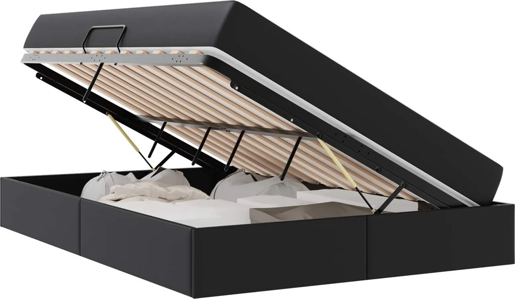 vidaXL Ágy tárolóval és matraccal matracmal tárolóval 2 pcs Fekete Bőr