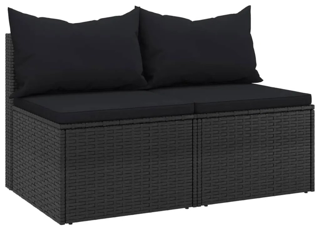 2 db fekete polyrattan kerti középső kanapé párnákkal
