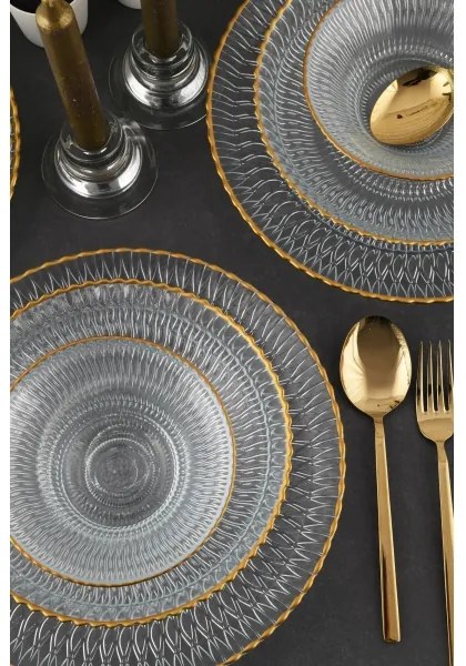 12 darabos étkészlet – átlátszó üveg, arany részletekkel