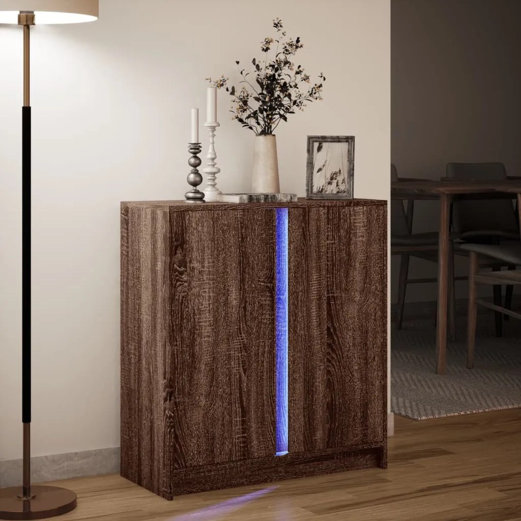 barna tölgy színű szerelt fa tálalószekrény LED-del 77x34x85 cm