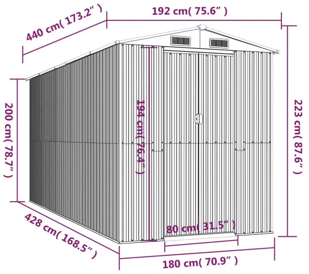 antracitszürke horganyzott acél kerti fészer 192 x 440 x 223 cm