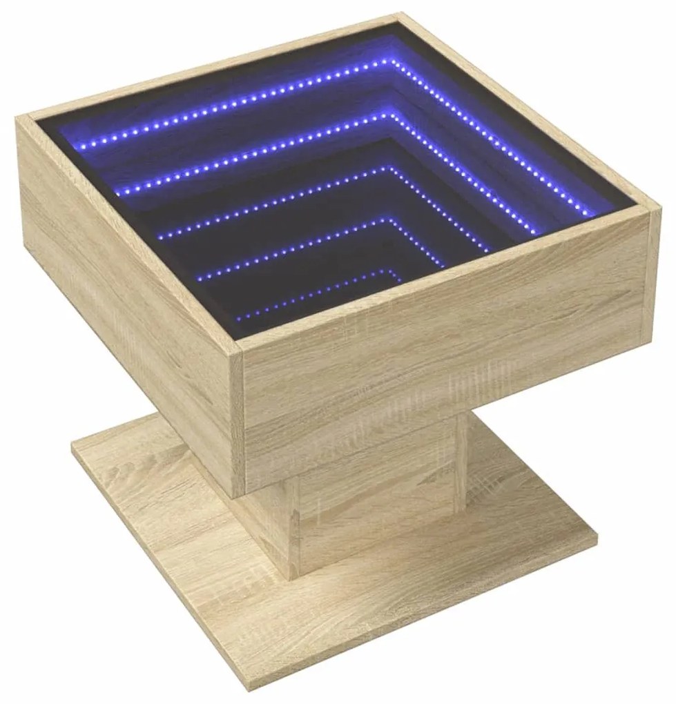 sonoma tölgy szerelt fa dohányzóasztal LED-del 50 x 50 x 45 cm