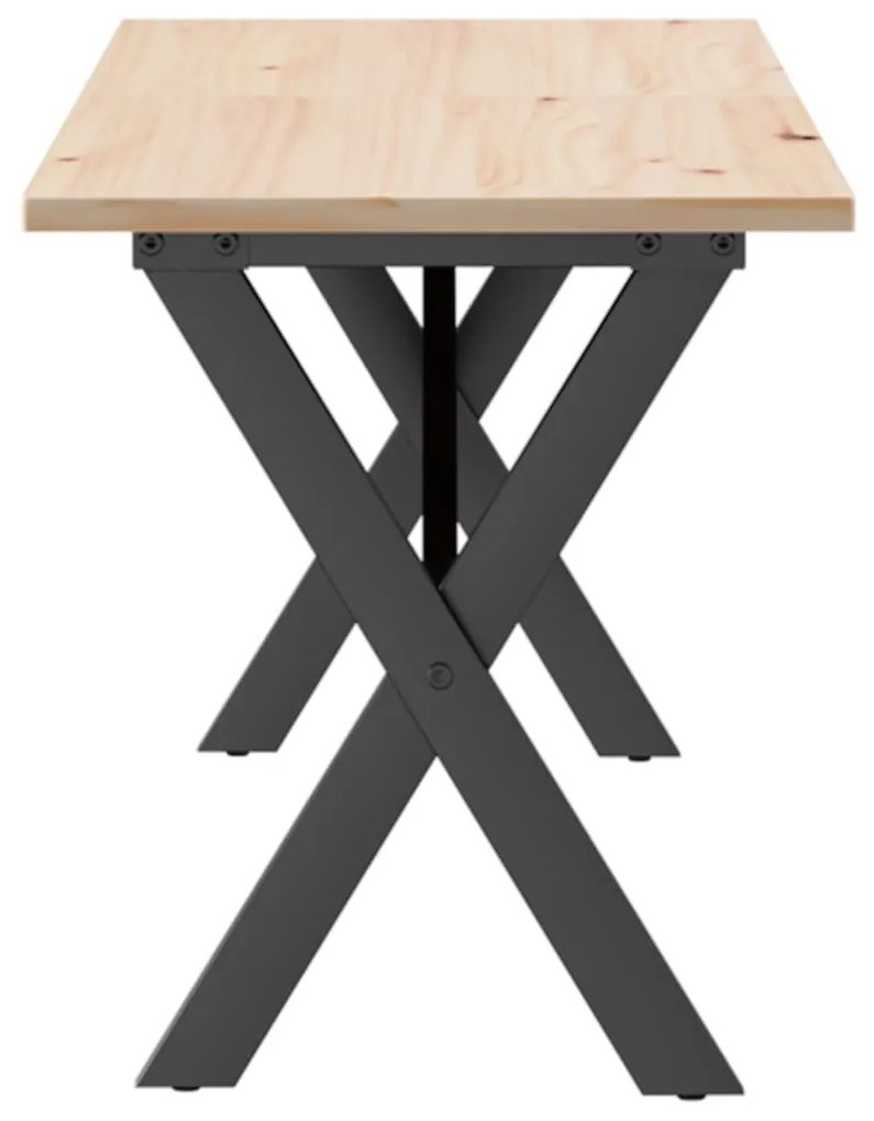 tömör fenyőfa és öntöttvas dohányzóasztal X-vázzal 160x40x45 cm