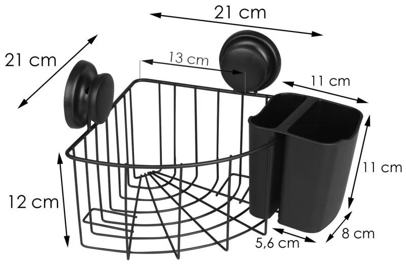 Erga Gavi, sarok fürdőszoba kozmetikai kosár 21x21x12 cm tapadókorongokhoz, fekete matt, ERG-YKA-CH.GAVI-PP-KN-BLK