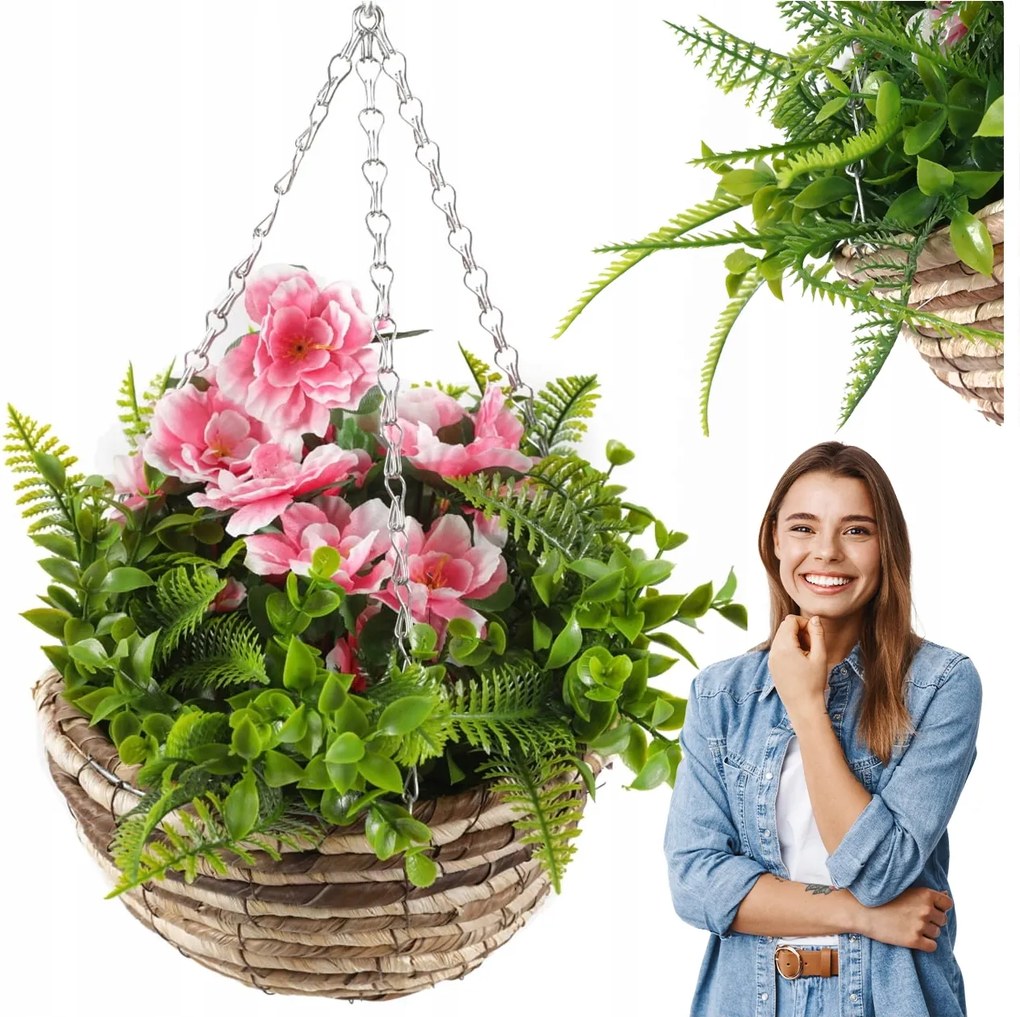 Függő Mű Virágcserép, Élőnak Tűnő Mű Pelargónia, Rózsaszín Szurfínia Virágok
