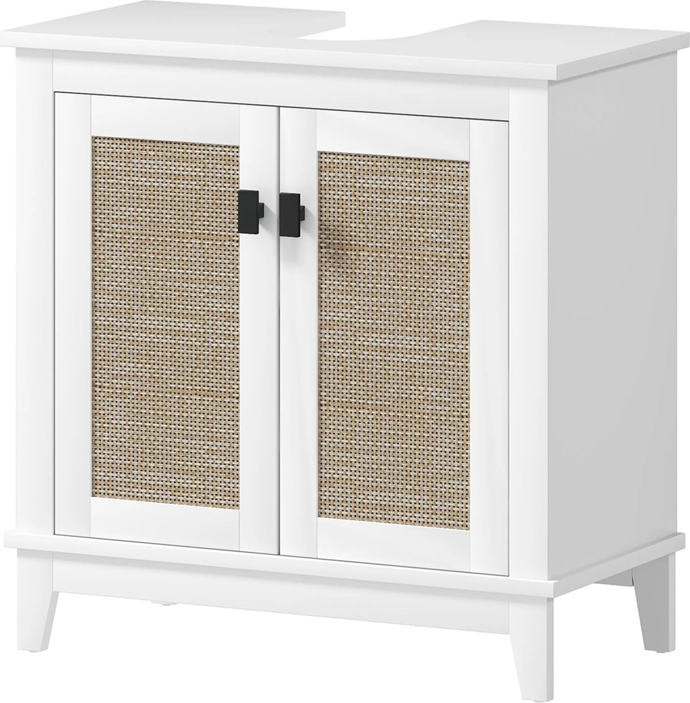 HOMCOM Mosdó Szekrény Pedestál Állvánnyal 2 PE Rattán Ajtóval 2 Polccal és Felborulásgátló Rendszerrel 60x30x60 cm Fehér | Aosom