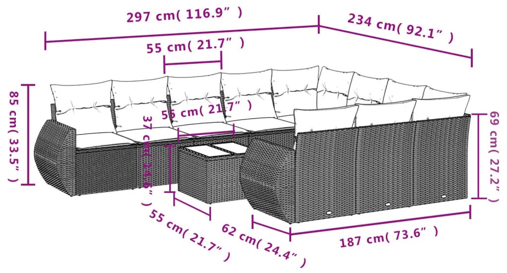 11 részes barna polyrattan kerti ülőgarnitúra párnákkal