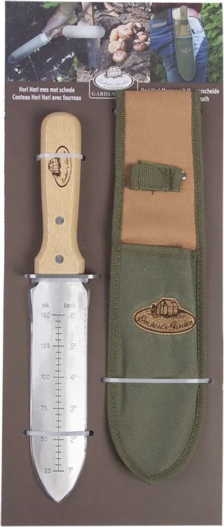 Rozsdamentes acél Hori Hori kés tokkal, kőrisfa nyéllel, 32 cm