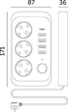 Aljzatelosztó kapcsolóval LINEA 3x230V + 5xUSB A/C 1,5 m SCHUKO fekete