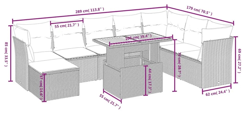 9 részes fekete polyrattan kerti ülőgarnitúra párnákkal