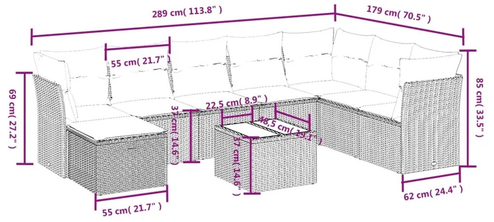 9 részes fekete polyrattan kerti ülőgarnitúra párnákkal