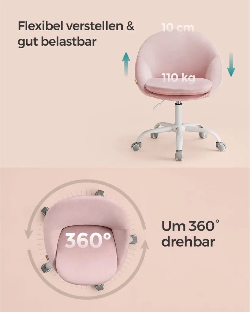 Irodai forgószék, párnázott, gurulós, pasztell rózsaszín
