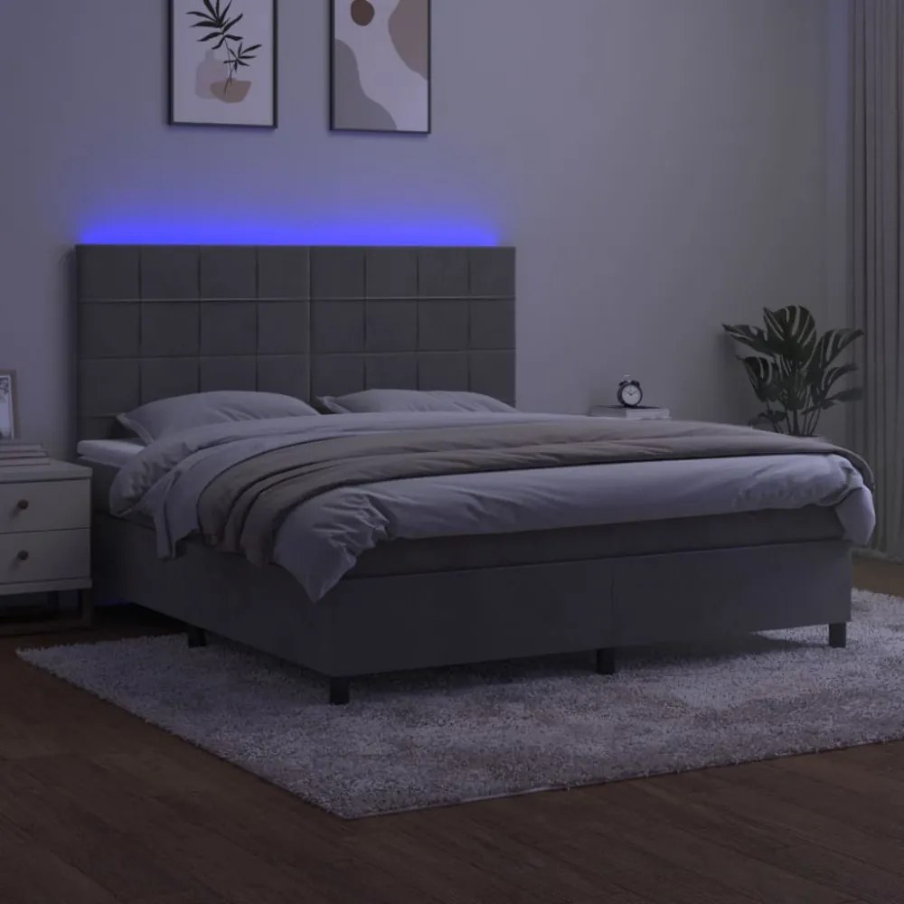 világosszürke bársony rugós és LED-es ágy matraccal 160x200 cm