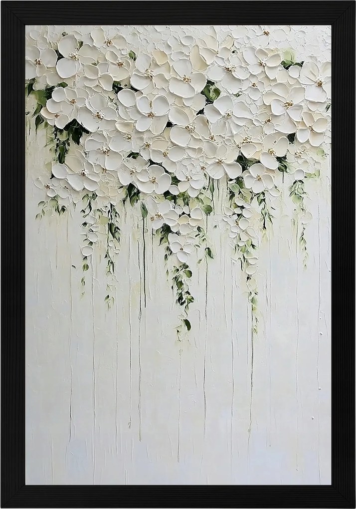 Poszter Keret Fa Természet Olaj Impasto 3D Fehér Kúszó Virágok 40x60