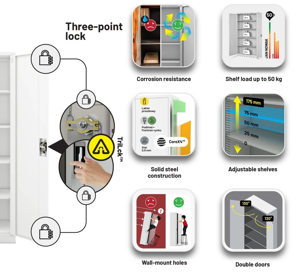 Fém iratszekrény JAN H, 900 x 1950 x 400 mm, fehér