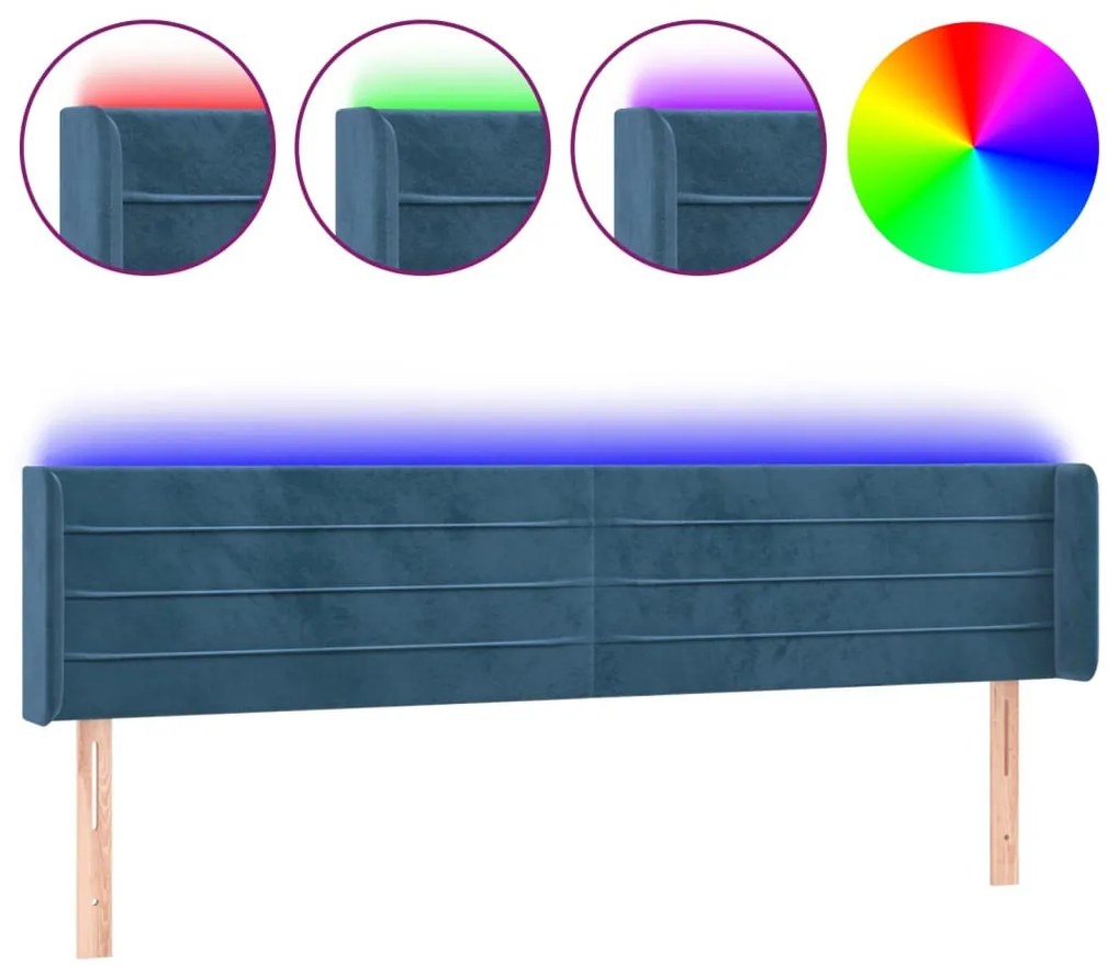 sötétkék bársony LED-es fejtámla 183 x 16 x 78/88 cm
