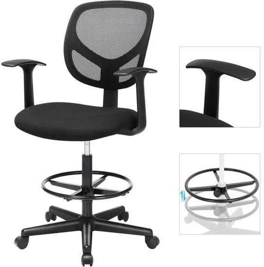 Ergonomikus irodai szék kartámaszokkal, magas forgó szék 55-75 cm ülésmagasság, Fekete