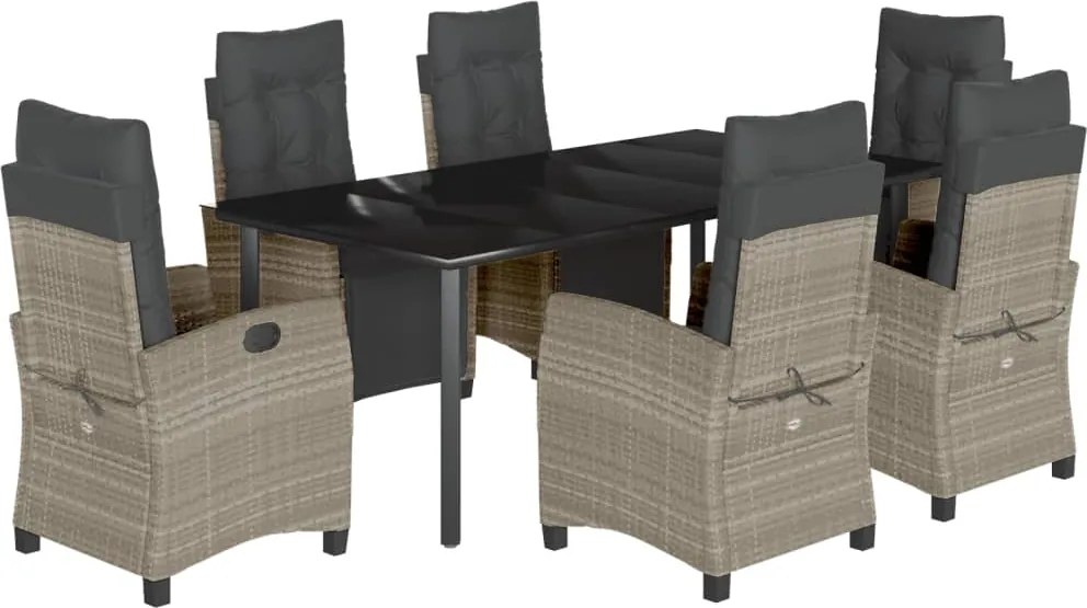 vidaXL 7 részes világosszürke polyrattan kerti étkezőszett párnával