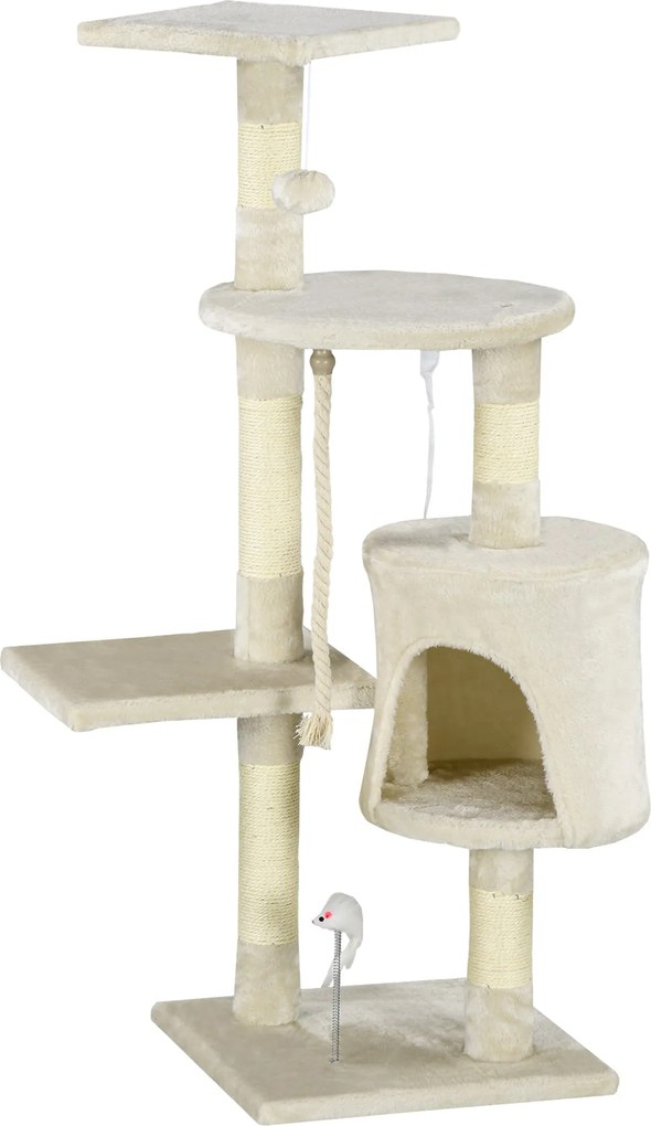 PawHut Macska Kaparóoszlop 116 cm Magas Macska Fa Mászótorony Cipőzsinóros Kaparóoszlopokkal, Kényelmes Barlanggal, Platformokkal és Játékokkal, Bézs