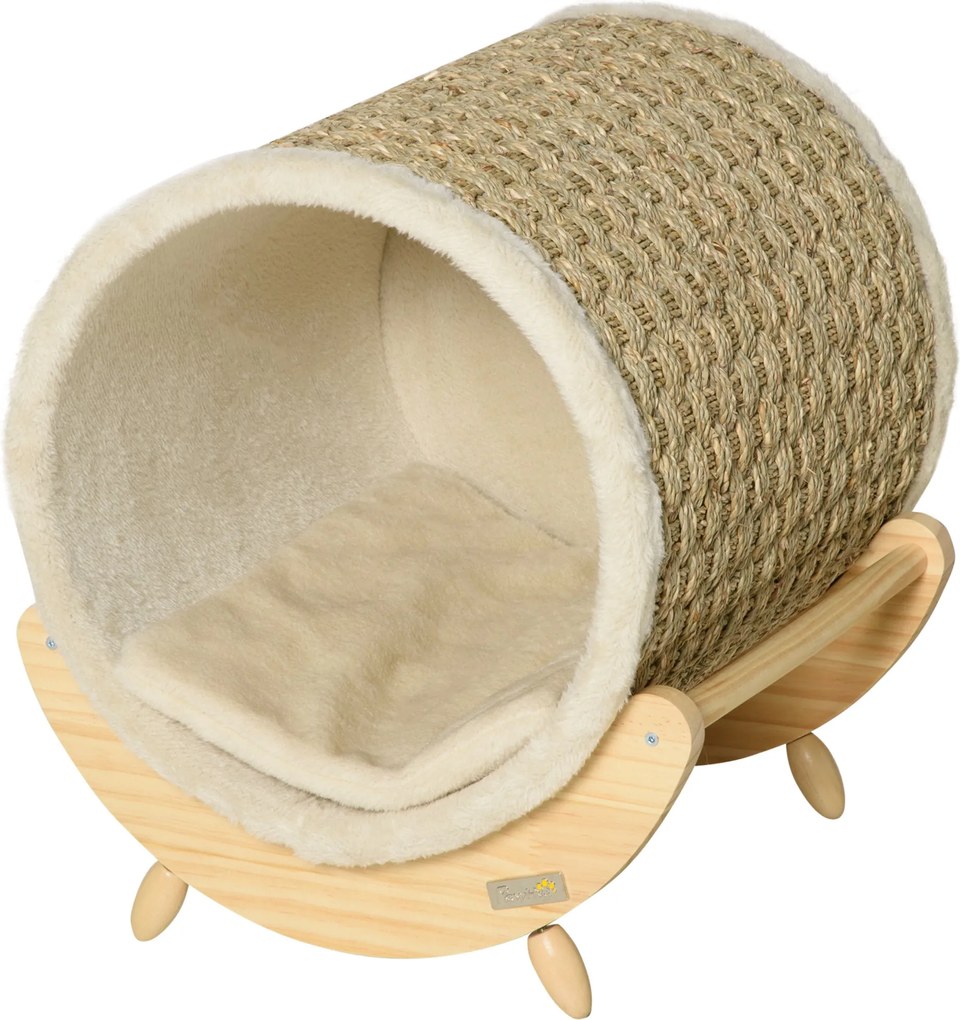 PawHut Macskabarlang Macskágyal, Macskaház, Macska Kunyhó Kaparófelülettel, Belső Tölgyfa Szövet, Khaki+Természetes Bézs 41 x 38 x 43 cm | Aosom