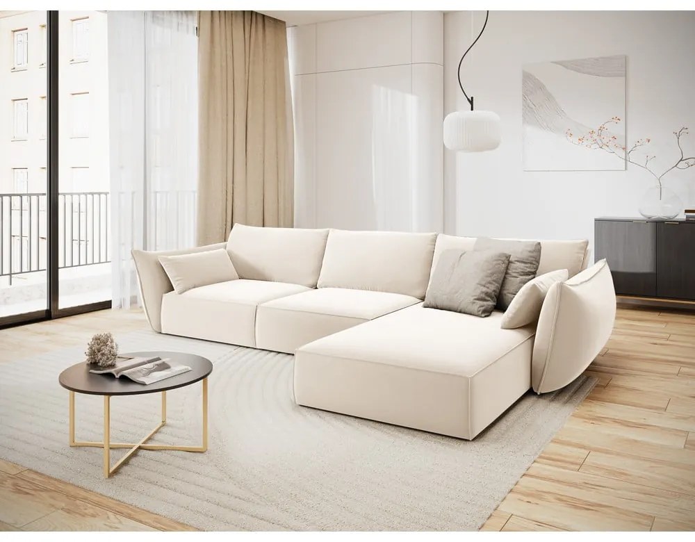 Bézs bársony sarokkanapé (jobb oldali-heverő résszel) Vanda – Mazzini Sofas
