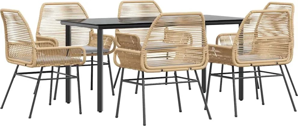 vidaXL 7 észes barna polyrattan üveg kerti étkezőgarnitúra párnával