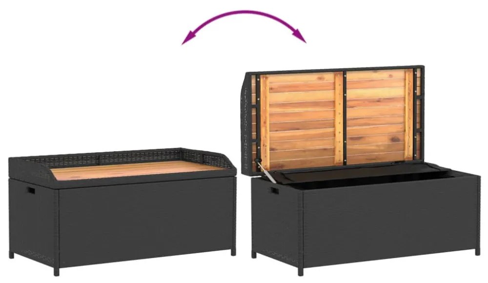 fekete polyrattan és akácfa tárolópad 100 x 50 x 52 cm