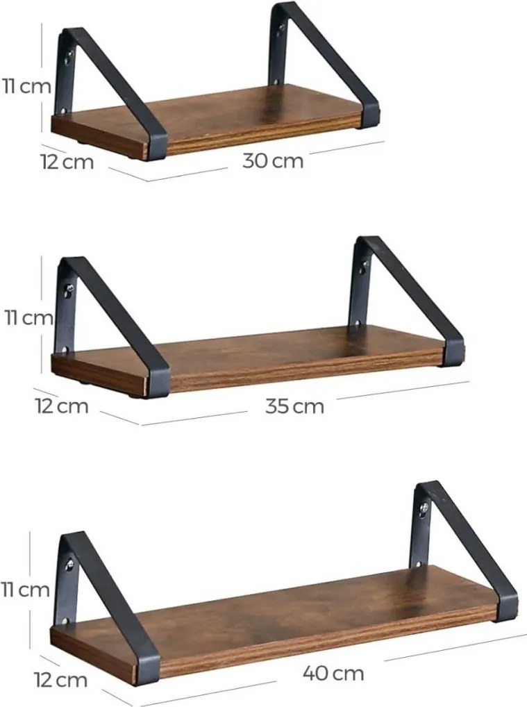 3 darabos fali polc szett, rusztikus barna 30/35/40cm