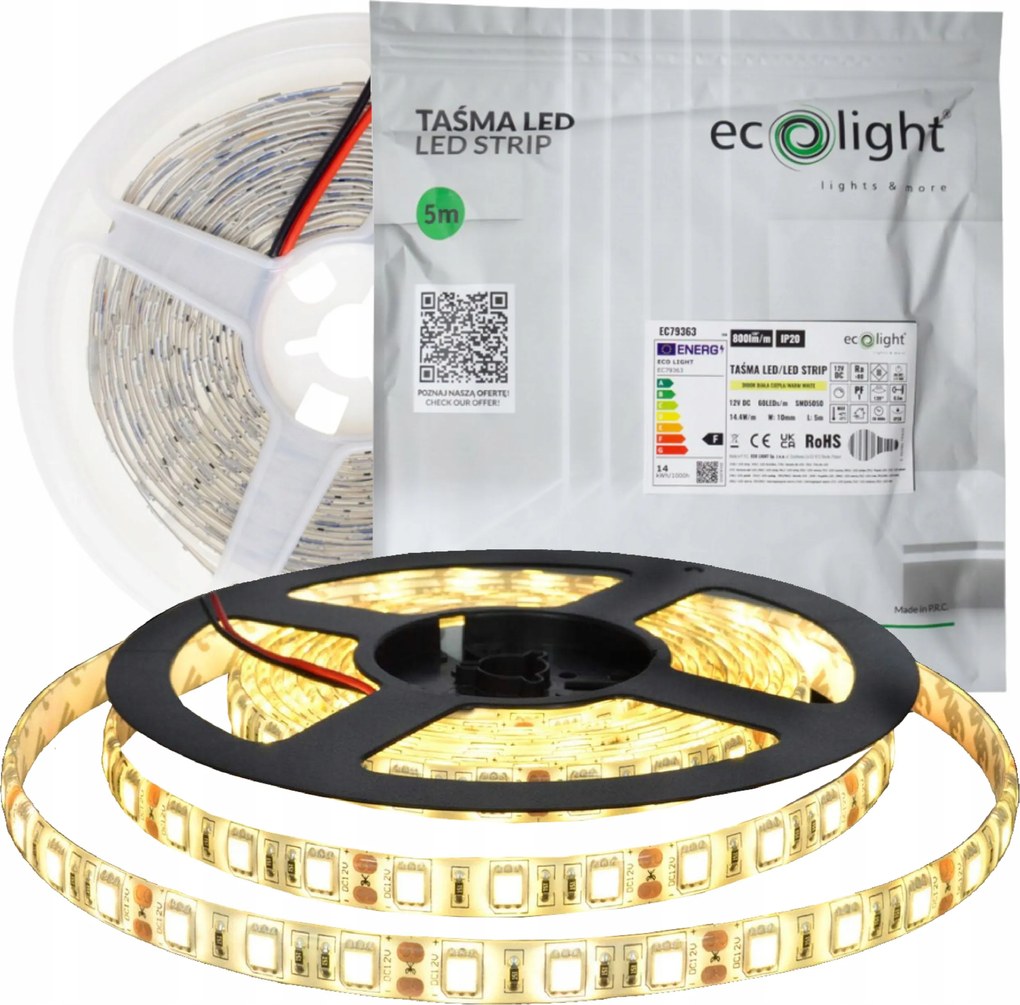 Led szalag 300 14,4W/m 72W 12V IP20 Szín Meleg tekercs 5m 3000K