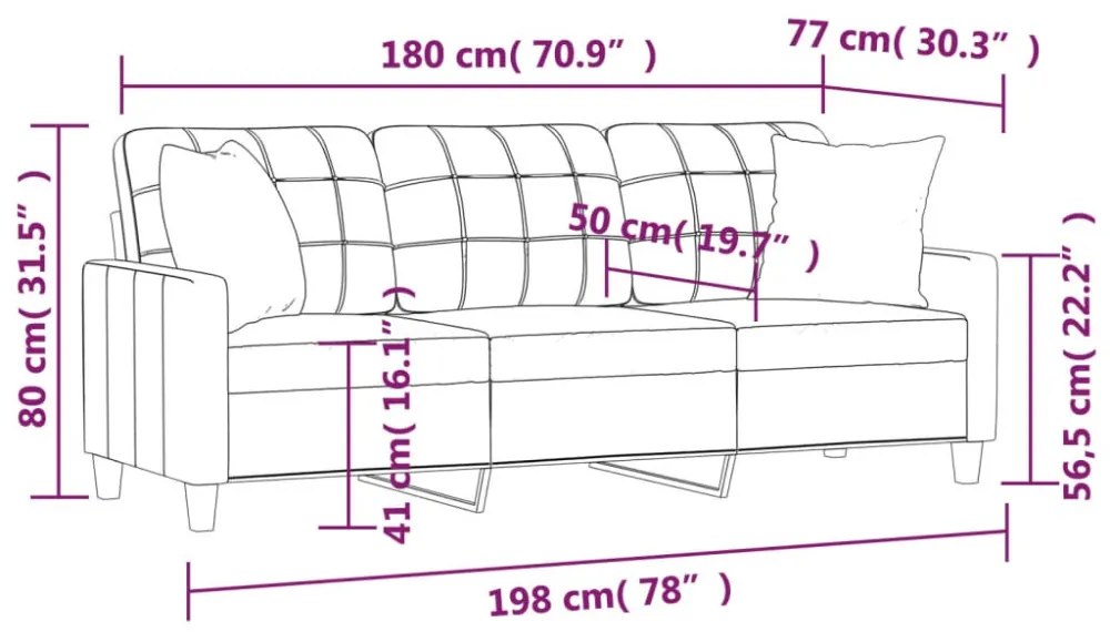 3 személyes fekete műbőr kanapé díszpárnákkal 180 cm