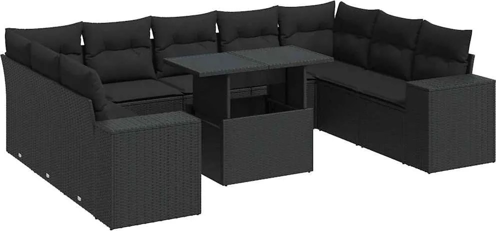 vidaXL 10 részes fekete polyrattan kerti ülőgarnitúra párnákkal