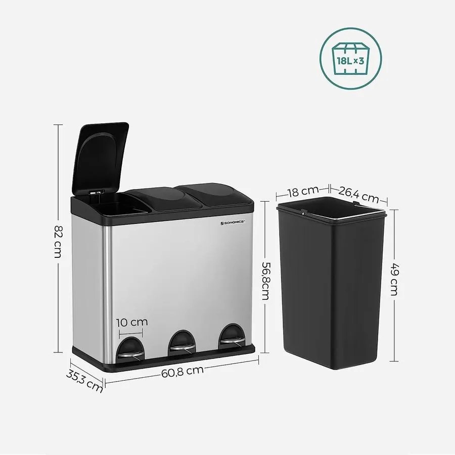 Szelektív hulladékgyűjtő 54L, pedálos szemetes 3 részes