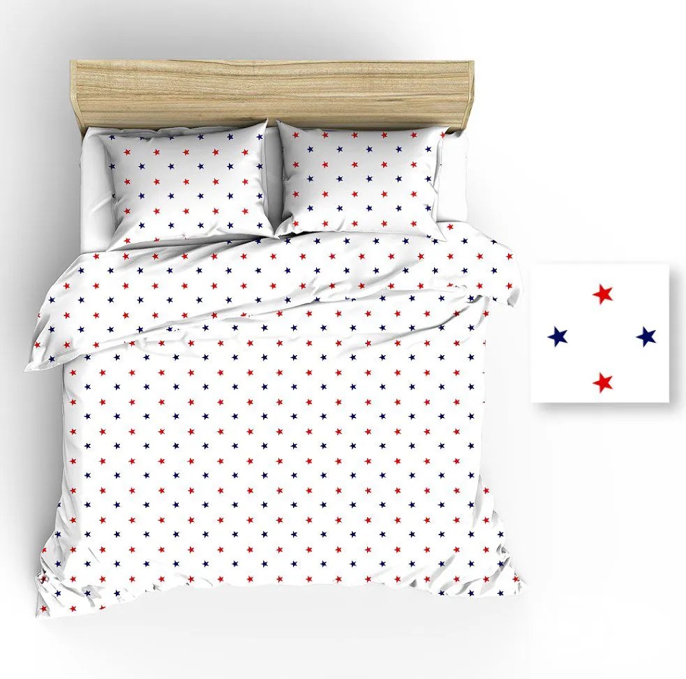 Pamut ágyneműhuzat 200x220 fehér csillag sötétkék piros