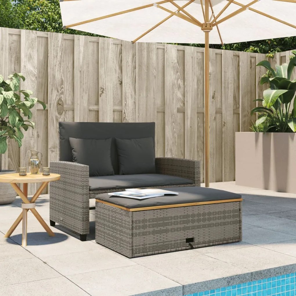 2 személyes szürke polyrattan/akácfa kerti kanapé párnával