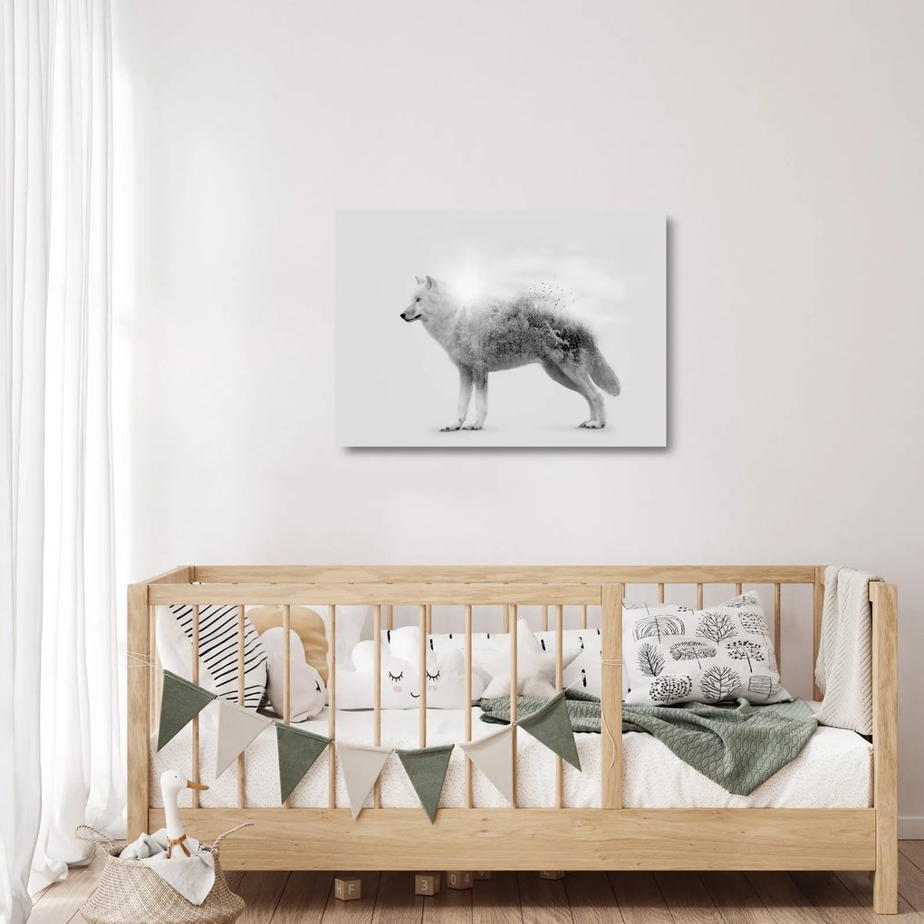 Kép - Vad tájat tükröző sarkvidéki farkas, fekete-fehér (üvegen) (70x50 cm)