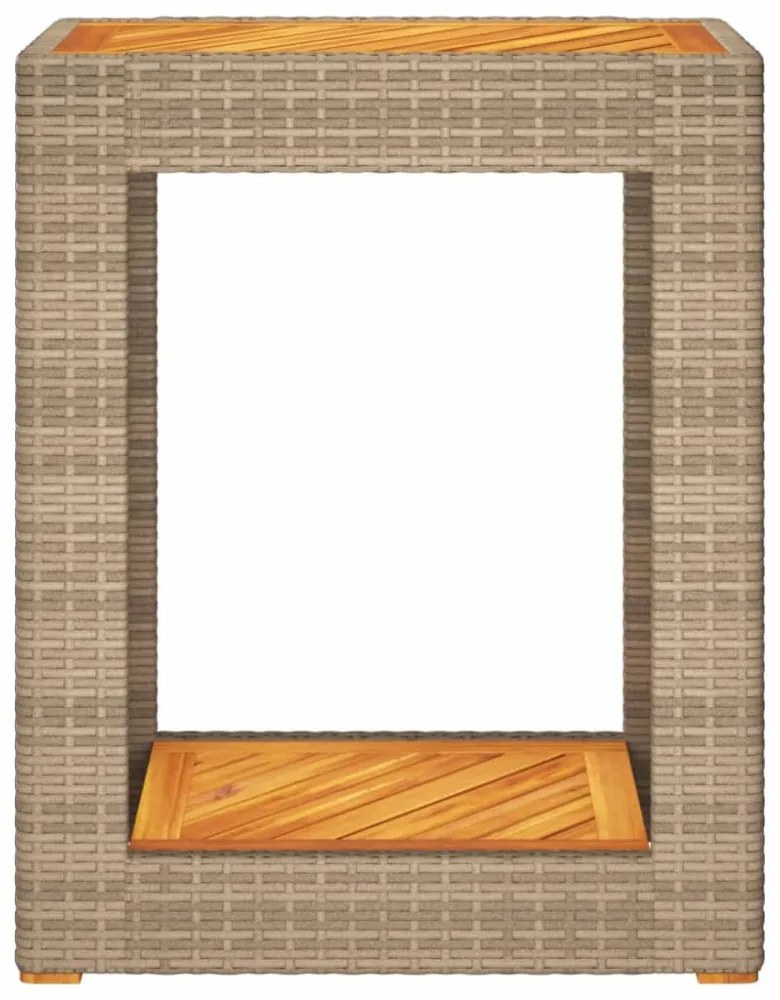 bézs polyrattan kerti kisasztal fa asztallappal 60x40x75 cm