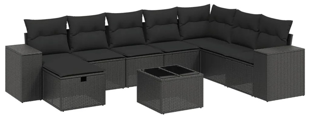 9 részes fekete polyrattan kerti ülőgarnitúra párnákkal