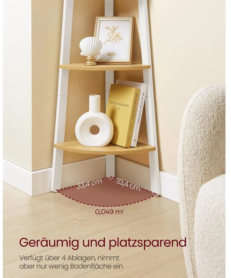 VASAGLE sarokkönyvespolc, 4 szintes létrás polc 33,3×33,3×125 cm, natúr - fehér színben