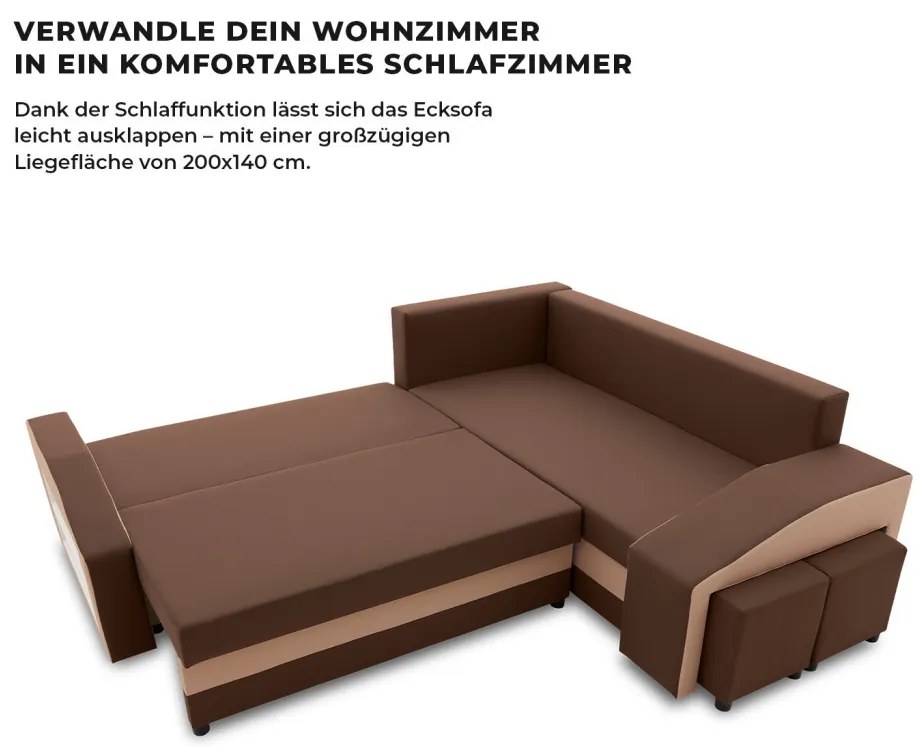 Grande sarokkanapé polcokkal és puffokkal , polc a bal karfaban puffok a jobb karfaban, jobboldali, szövet anyag, bonell töltet, barna