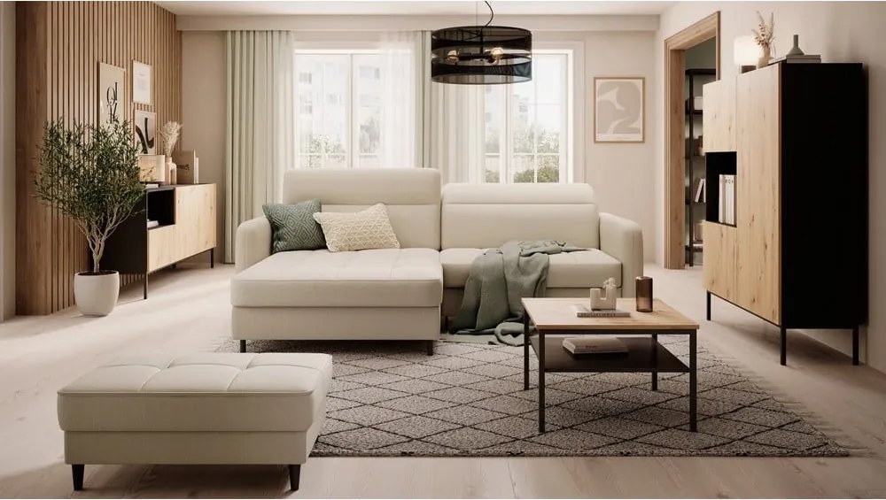 Bézs bársony kinyitható-tárolóhelyes sarokkanapé (bal oldali-heverő résszel) Gomsi – ELTAP